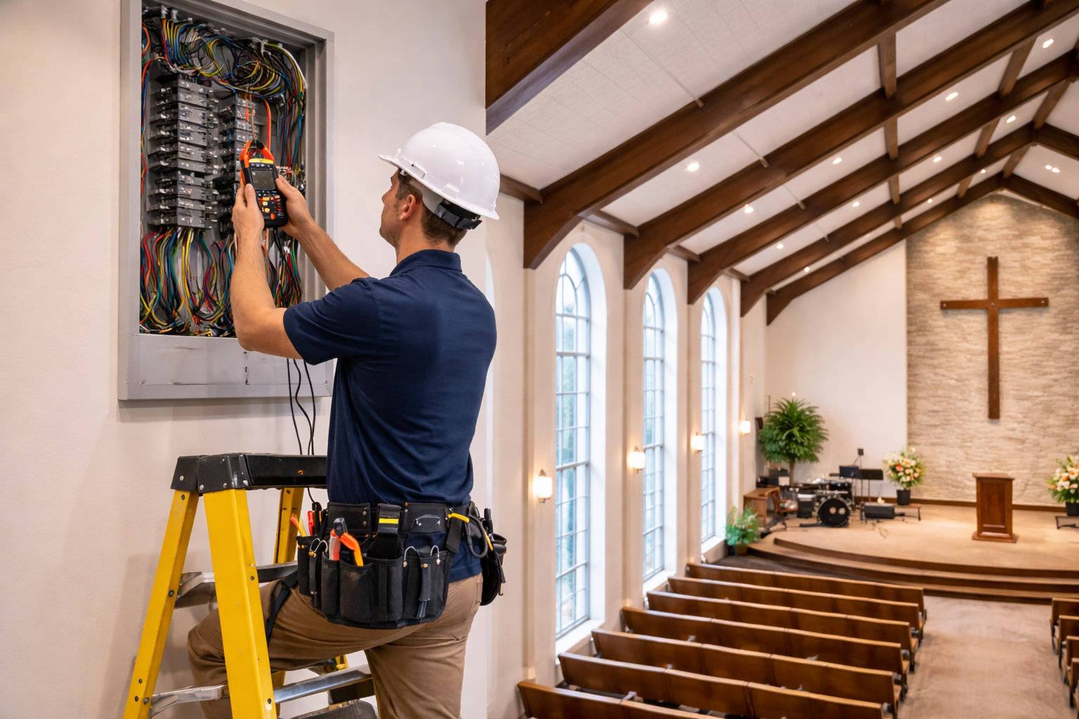 Commercial electrician working on church lighting and electrical systems