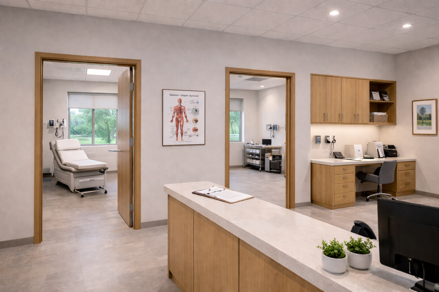 Commercial electrician working on medical office lighting and electrical systems