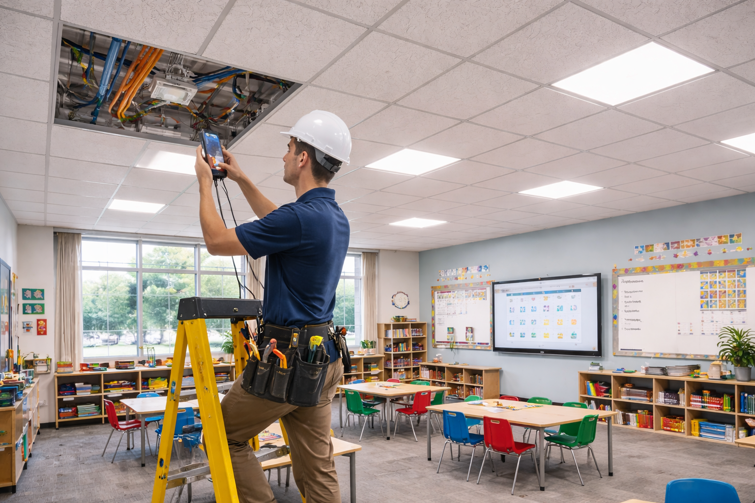 Commercial electrician working on school lighting and electrical systems