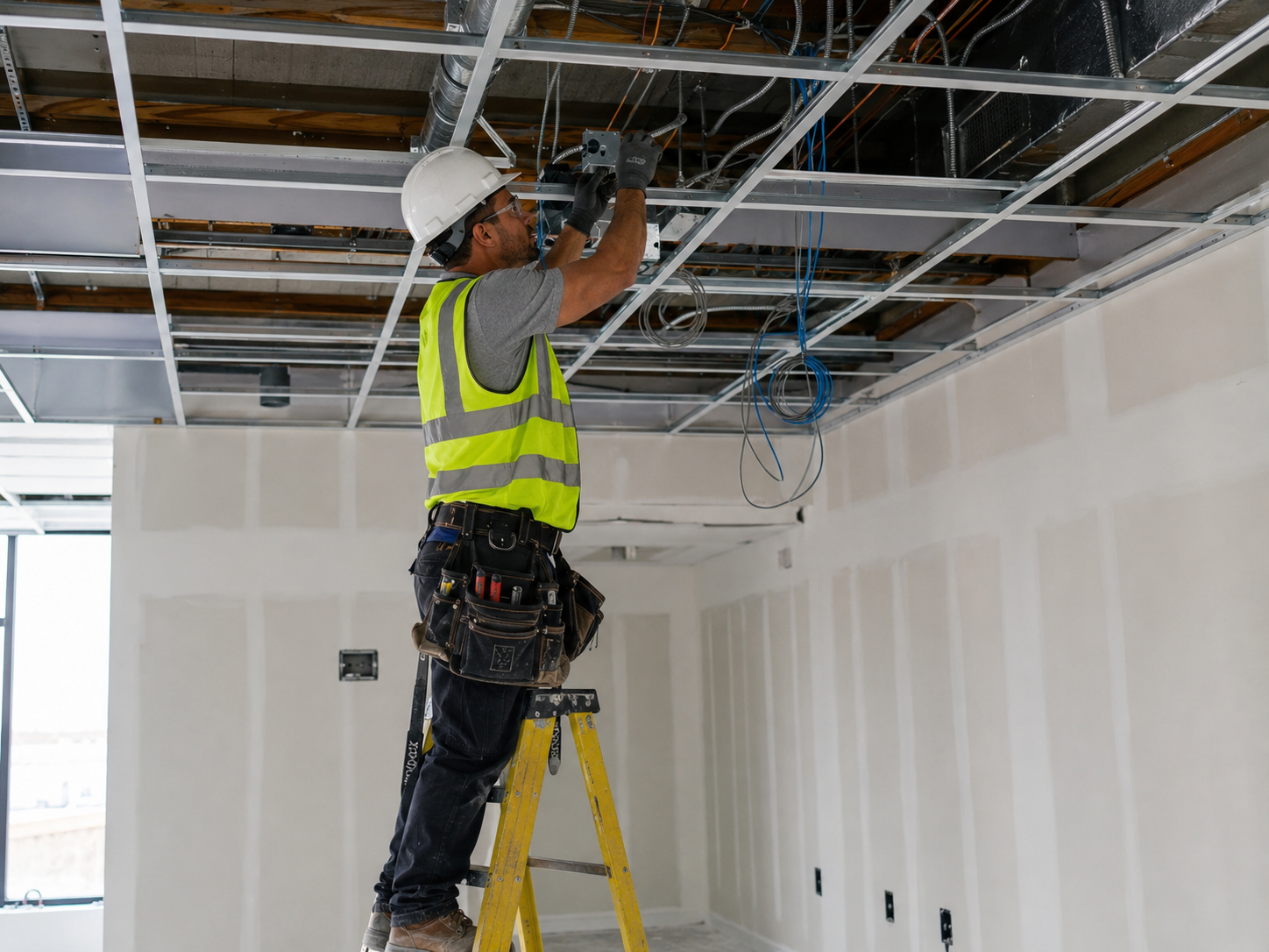 Commercial electrician working on clinic and dental lighting and electrical systems