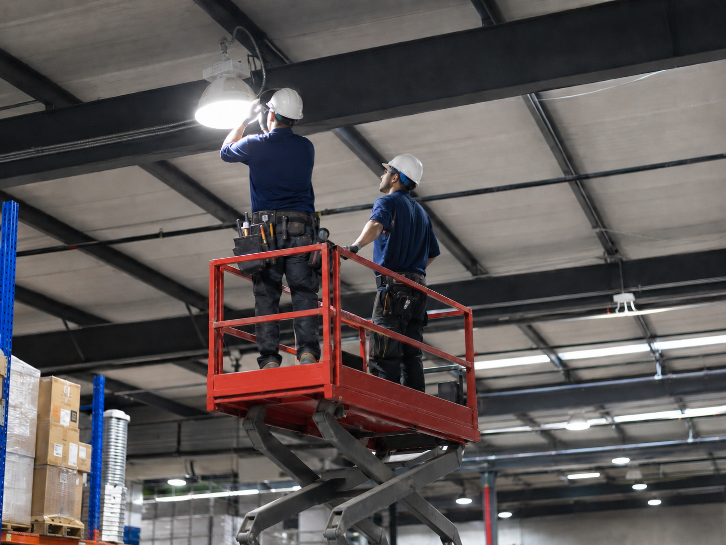 Warehouse electrician servicing commercial electrical equipment